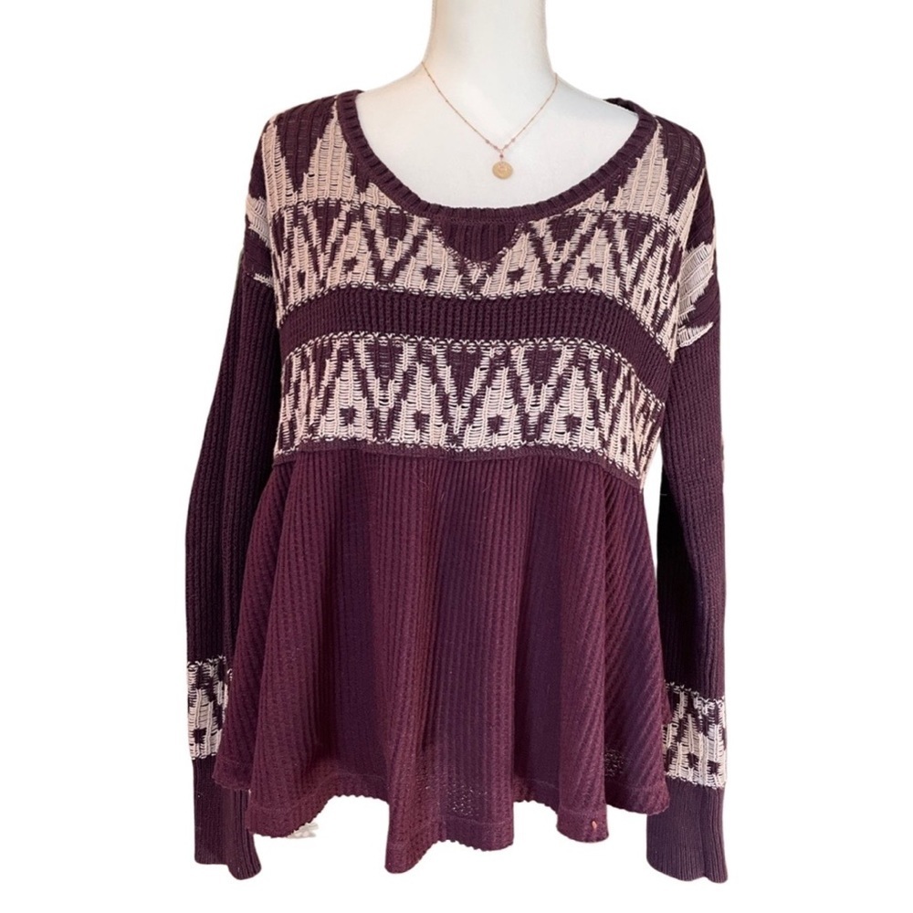 Free People Burgundy Beige Aztec Knit Sweater